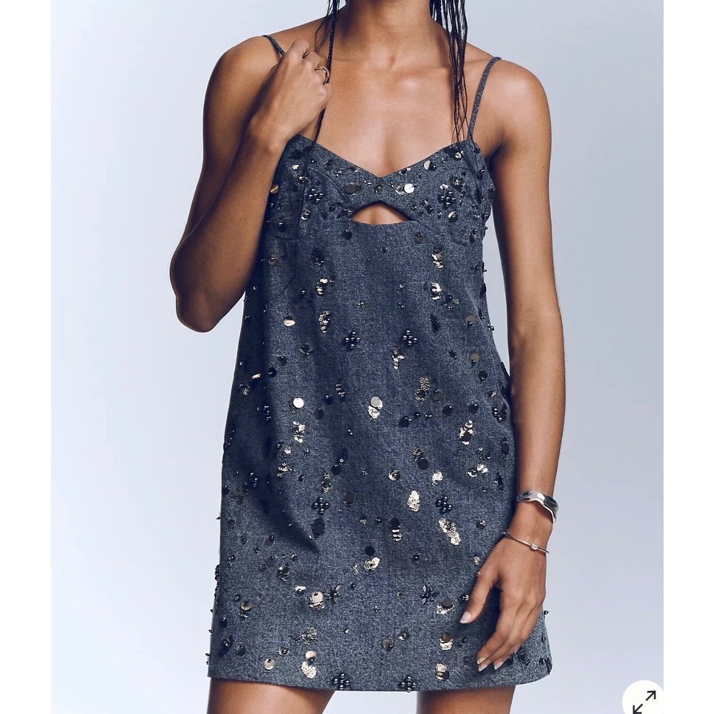 NWT Dhruv Kapoor Anthropologie SM Beaded Embellished Denim Mini Dress Sleeveless